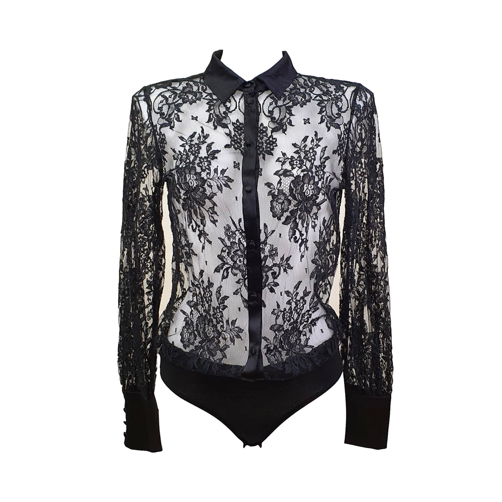 Fatal Attraction Chantilly Lace Shirt Bodysuit With Silk Trim