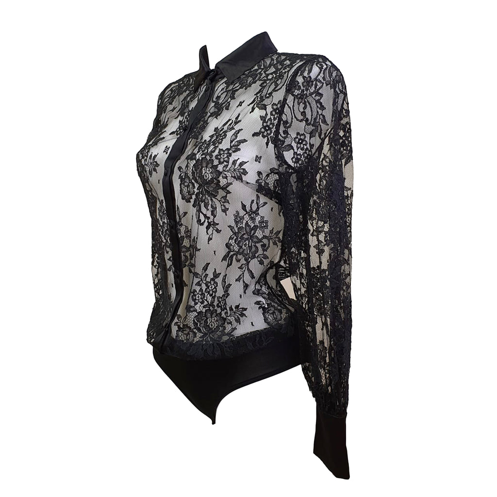 Fatal Attraction Chantilly Lace Shirt Bodysuit With Silk Trim