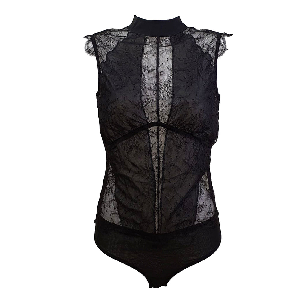 Belle Du Jour Sleeveless Lace Open Back Bodysuit (Black)