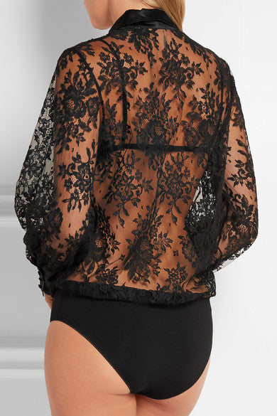 Fatal Attraction Chantilly Lace Shirt Bodysuit With Silk Trim