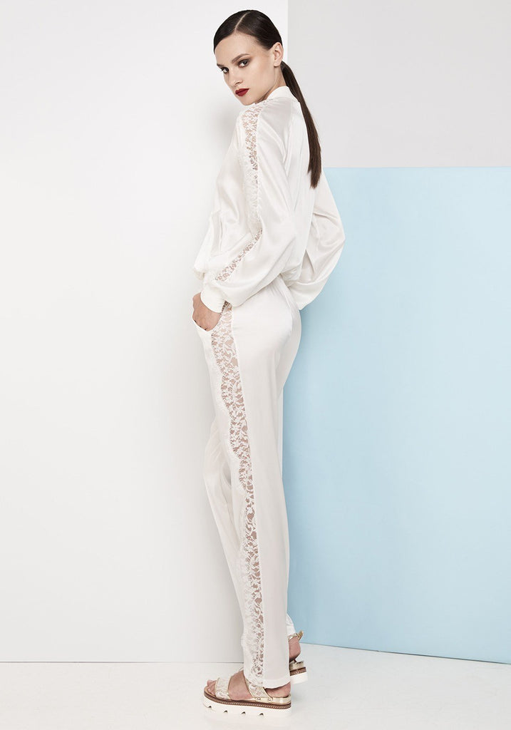 Macaroon Delights Lace-trimmed silk-blend satin bomber jacket