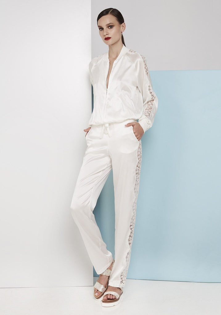 Macaroon Delights Lace-trimmed silk-blend satin bomber jacket