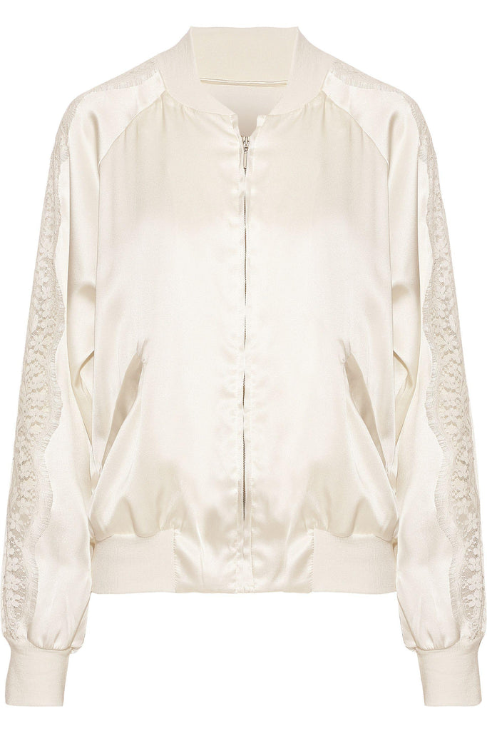 Macaroon Delights Lace-trimmed silk-blend satin bomber jacket