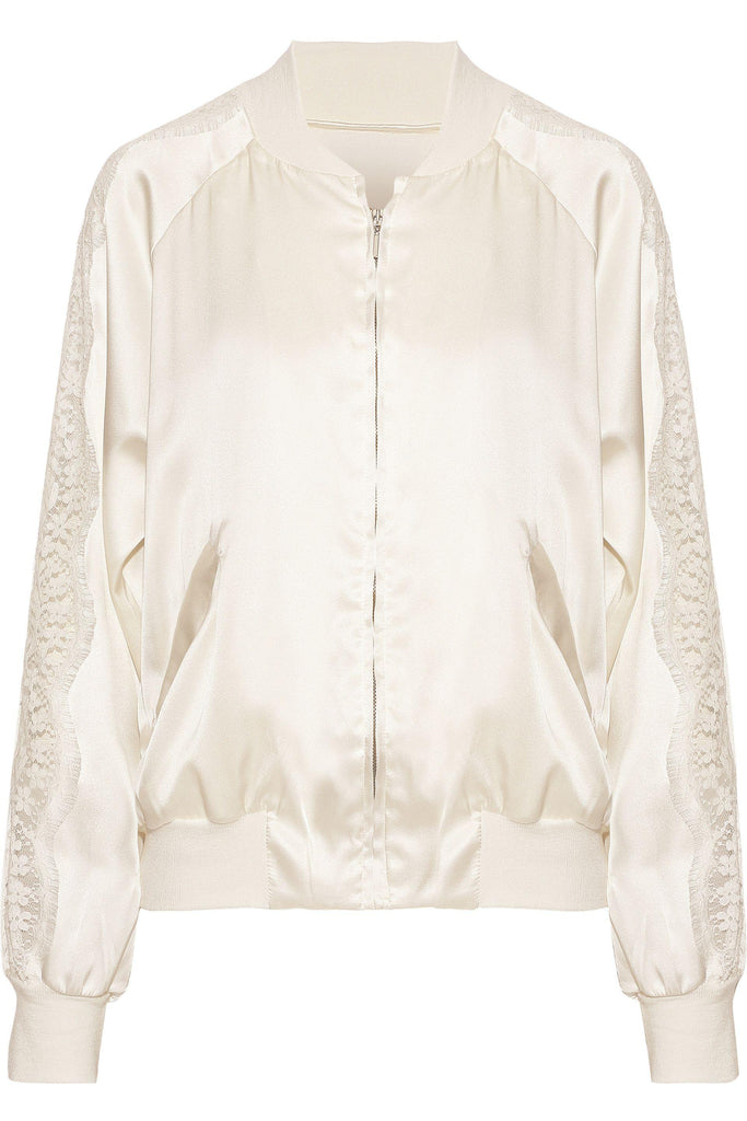 Macaroon Delights Lace-trimmed silk-blend satin bomber jacket
